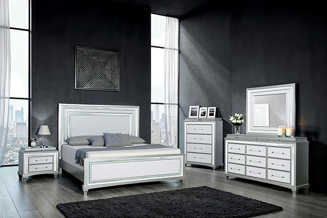FM74006SV-4PC 4 pc Galea silver finish faux crystal accent with LED headboard queen bedroom set