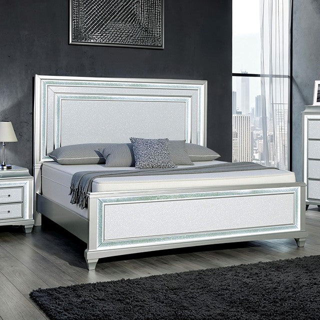 FM74006SV-4PC 4 pc Galea silver finish faux crystal accent with LED headboard queen bedroom set
