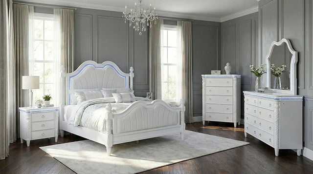FM74007WH-4PC  4 pc Swindon pearl white finish wood padded LED headboard victorian style queen bed set