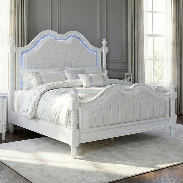 FM74007WH-4PC  4 pc Swindon pearl white finish wood padded LED headboard victorian style queen bed set