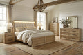 FM74008NT-4PC 4 pc Helios natural finish wood farmhouse modern fabric padded LED queen bedroom set