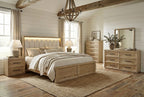 FM74008NT-4PC 4 pc Helios natural finish wood farmhouse modern fabric padded LED queen bedroom set