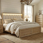 FM74008NT-4PC 4 pc Helios natural finish wood farmhouse modern fabric padded LED queen bedroom set