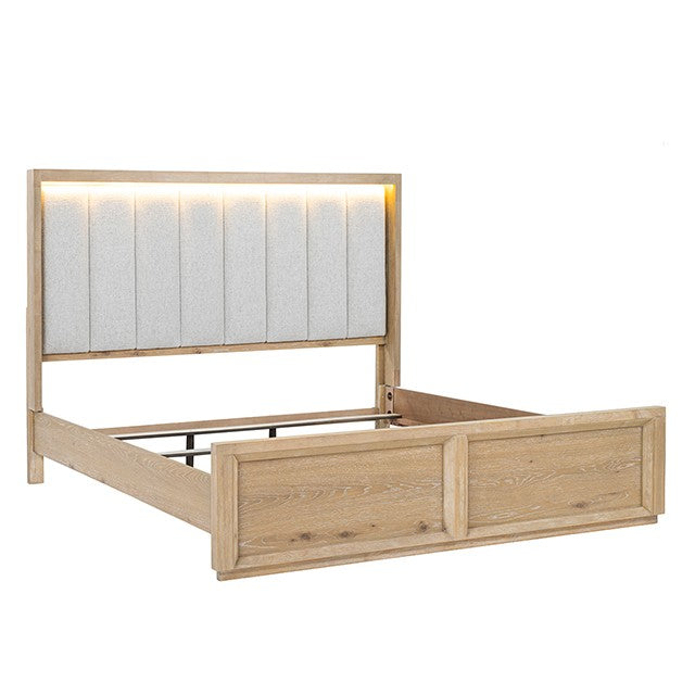 FM74008NT-4PC 4 pc Helios natural finish wood farmhouse modern fabric padded LED queen bedroom set