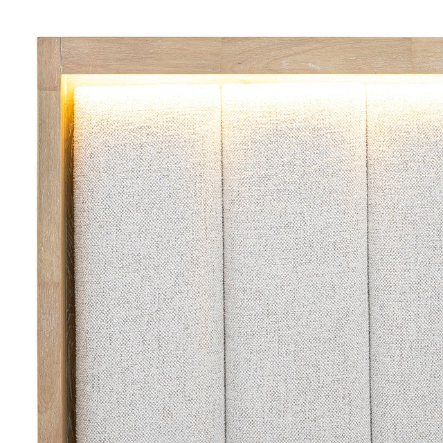 FM74008NT-4PC 4 pc Helios natural finish wood farmhouse modern fabric padded LED queen bedroom set