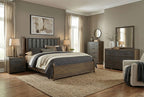 FM74009DW-4PC 4 pc Newent dark walnut finish wood mid century modern faux leather queen bedroom set