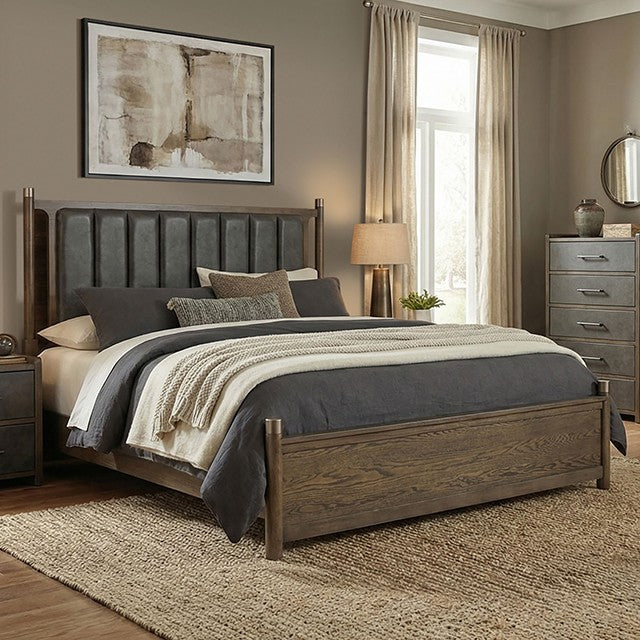 FM74009DW-4PC 4 pc Newent dark walnut finish wood mid century modern faux leather queen bedroom set