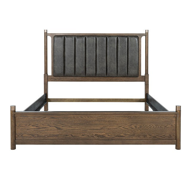 FM74009DW-4PC 4 pc Newent dark walnut finish wood mid century modern faux leather queen bedroom set