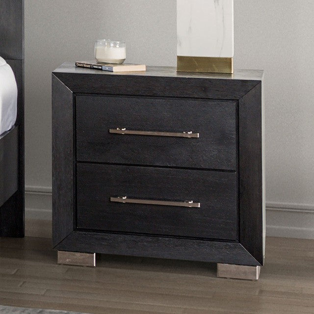 FM7415BK-N Ashbourne black paneled finish wood 2 drawer nightstand with USB plugs
