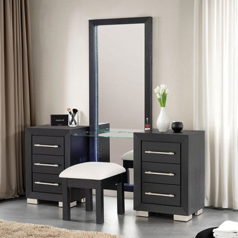FM7415BK-V 3 pc Ashbourne black finish wood make up bedroom vanity set