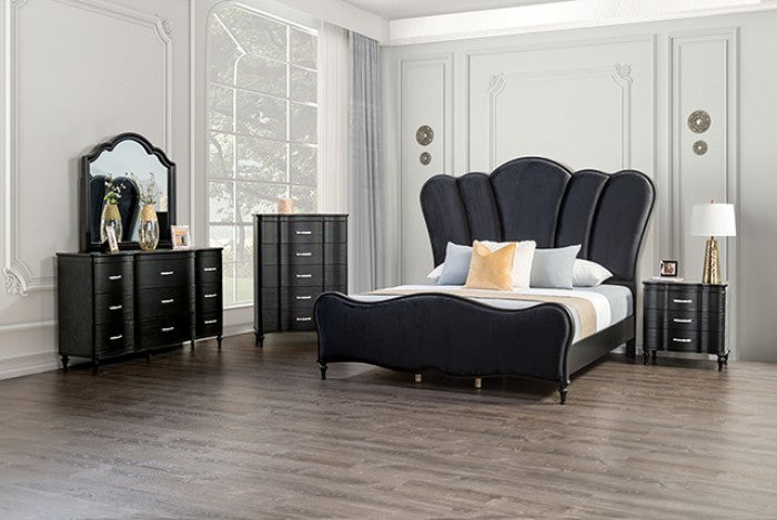 FM7416BK-4PC 4 pc Eleanora black finish wood fabric tufted channel headboard queen bedroom set