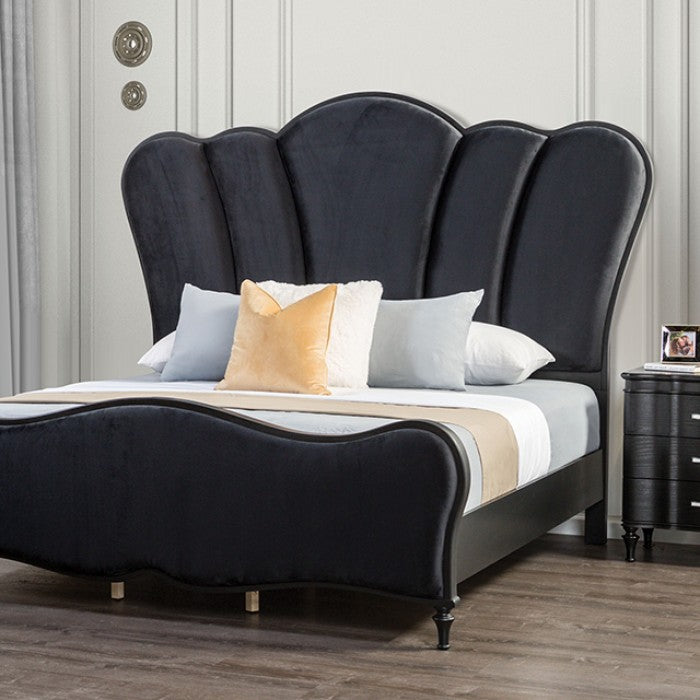 FM7416BK-4PC 4 pc Eleanora black finish wood fabric tufted channel headboard queen bedroom set