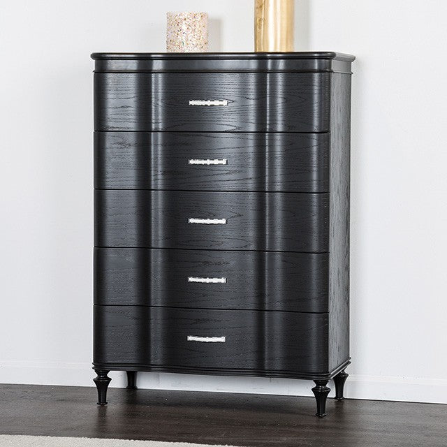 FM7416BK-C  Eleanora black finish wood rounded fronts crystal like handles 5 drawer tall chest