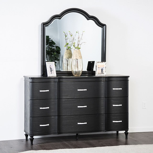 FM7416BK-D  Eleanora black finish wood rounded fronts crystal like handles 9 drawer dresser