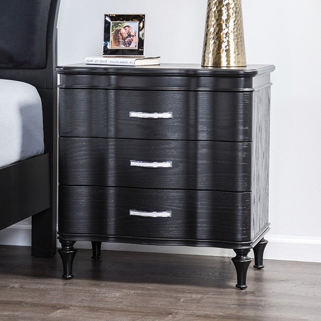 FM7416BK-N  Eleanora black finish wood rounded fronts crystal like handles 3 drawer nightstand