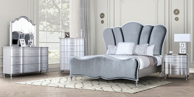 FM7416SV-4PC 4 pc Eleanora silver finish wood fabric tufted headboard queen bedroom set