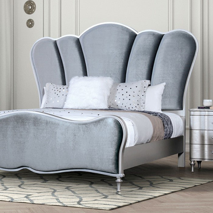 FM7416SV-4PC 4 pc Eleanora silver finish wood fabric tufted headboard queen bedroom set