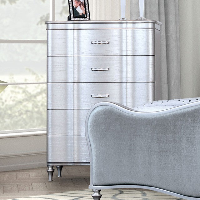 FM7416SV-C Eleanora silver finish wood 5 drawer tall chest crystal like handles