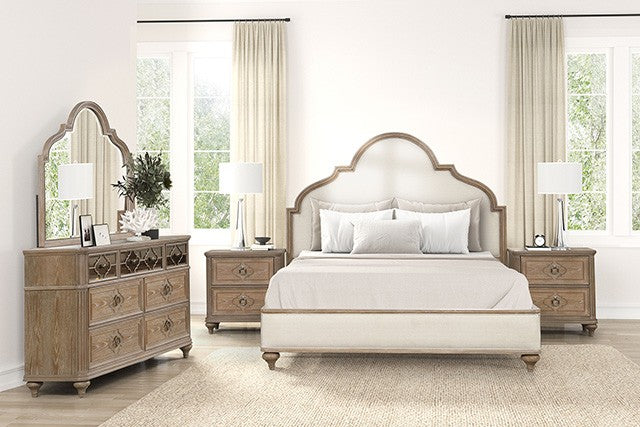 FM7417AK-4PC 4 pc Lyris rustic oak finish wood padded headboard transitional queen bedroom set USB plugs