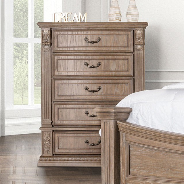 FM7418AK-C  Sevenoaks antique oak finish dentile moldings reeded posts detailing 5 drawer tall chest