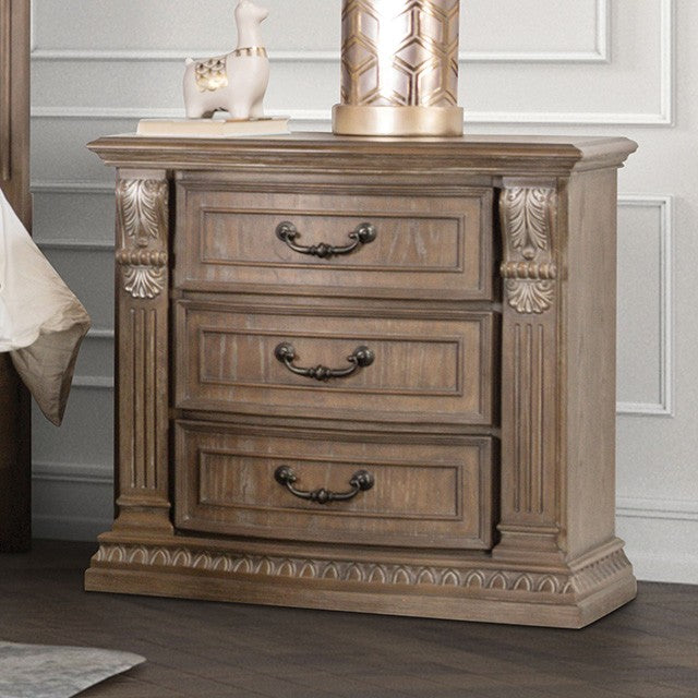 FM7418AK-N  Sevenoaks antique oak finish dentile moldings 3 drawer nightstand