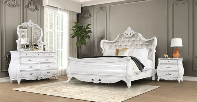 FM7419WH-4PC 4 pc Valentini white finish wood ornate carved tufted fabric curved wing headboard queen bedroom set