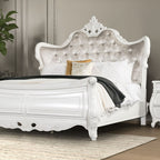 FM7419WH-4PC 4 pc Valentini white finish wood ornate carved tufted fabric curved wing headboard queen bedroom set