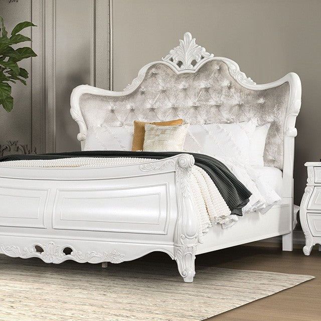 FM7419WH-4PC 4 pc Valentini white finish wood ornate carved tufted fabric curved wing headboard queen bedroom set