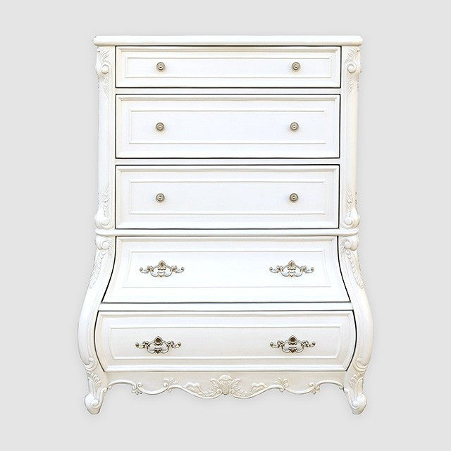 FM7419WH-C Valentini white finish wood ornate carved curved design 5 drawer tall chest