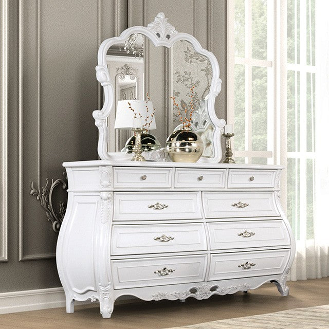 FM7419WH-D Valentini white finish wood ornate carved curved design 9 drawer dresser