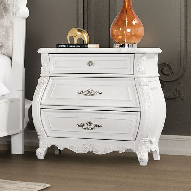 FM7419WH-N Valentini white finish wood ornate carved curved design 3 drawer nightstand