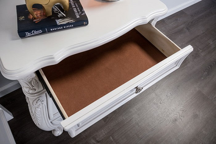 FM7419WH-4PC 4 pc Valentini white finish wood ornate carved tufted fabric curved wing headboard queen bedroom set