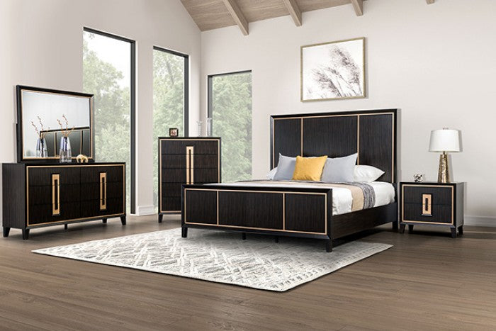 FM7421ES-4PC 4 pc Kenyada espresso brown finish wood gold accents modern queen bedroom set