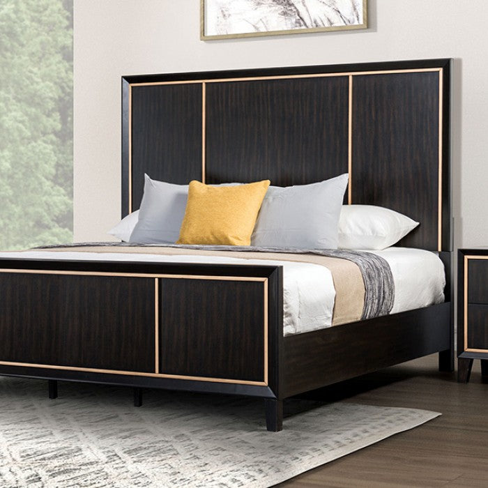 FM7421ES-4PC 4 pc Kenyada espresso brown finish wood gold accents modern queen bedroom set