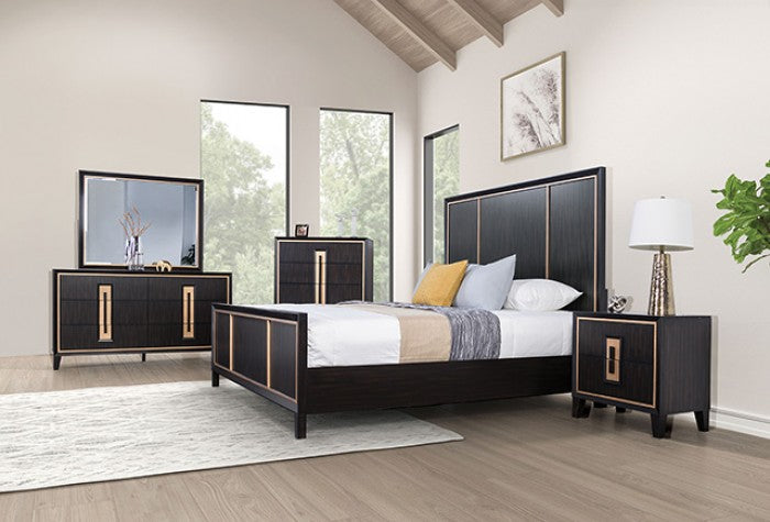 FM7421ES-4PC 4 pc Kenyada espresso brown finish wood gold accents modern queen bedroom set