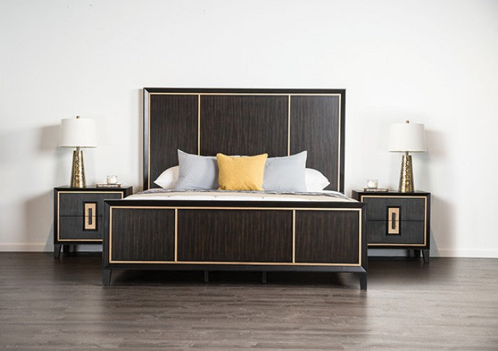 FM7421ES-4PC 4 pc Kenyada espresso brown finish wood gold accents modern queen bedroom set