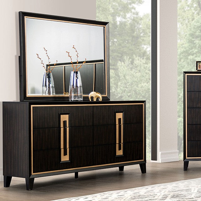 FM7421ES-D Kenyada espresso brown finish wood gold accents modern 6 drawer dresser