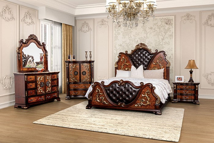 FM7422CH-4PC 4 pc Aquilina brown cherry finish wood tufted faux leather upholstered queen bedroom set Astoria grand