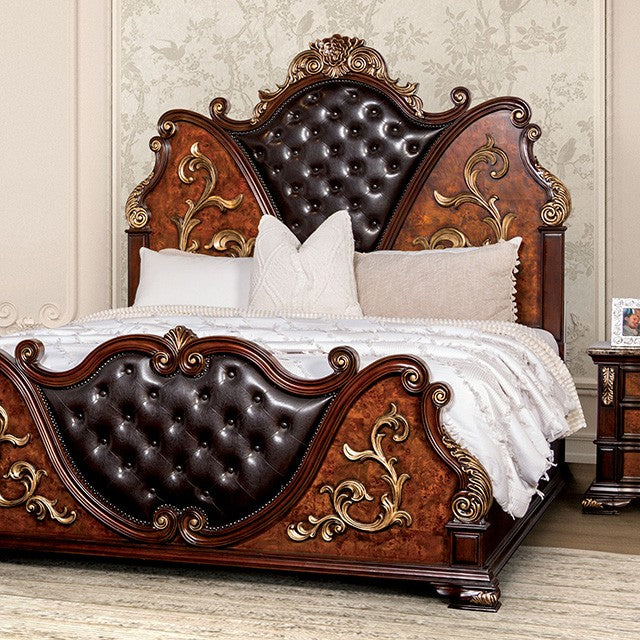 FM7422CH  Aquilina brown cherry finish wood tufted faux leather upholstered queen bed