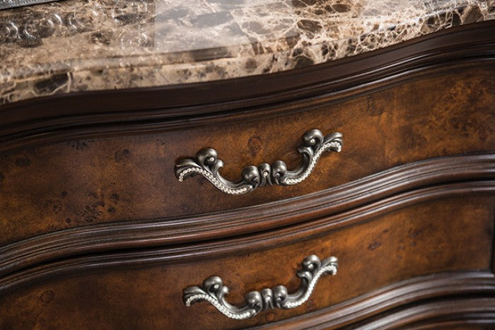 FM7422CH-N  Aquilina brown cherry finish wood gold carved details 3 drawer nightstand with USB plugs