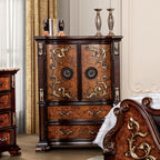 FM7422CH-C  Aquilina brown cherry finish wood gold carved details 2 drawer and 2 door cabinets tall chest