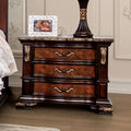 FM7422CH-N  Aquilina brown cherry finish wood gold carved details 3 drawer nightstand with USB plugs