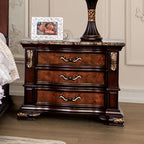 FM7422CH-N  Aquilina brown cherry finish wood gold carved details 3 drawer nightstand with USB plugs