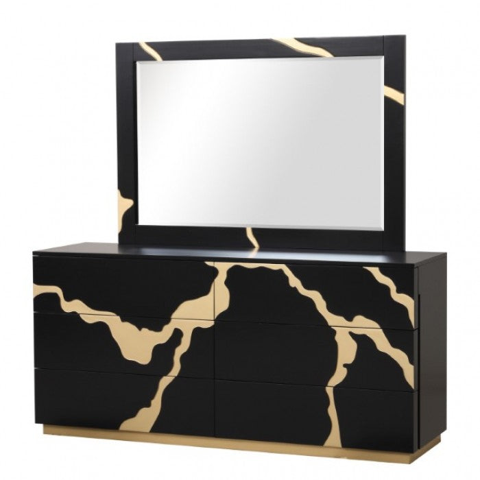 FM7425BK-WP-7PC 7 pc goldsberg black and gold vein style finish wood solid black headboard and wing panels queen bedroom set