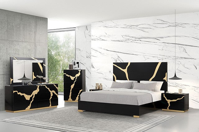 FM7425BK-G-4PC 4 pc goldsberg black and gold vein style finish wood contemporary queen bedroom set