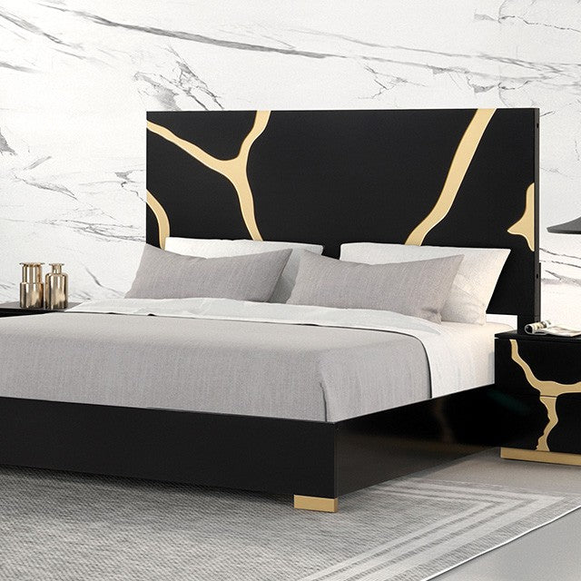 FM7425BK-G-4PC 4 pc goldsberg black and gold vein style finish wood contemporary queen bedroom set