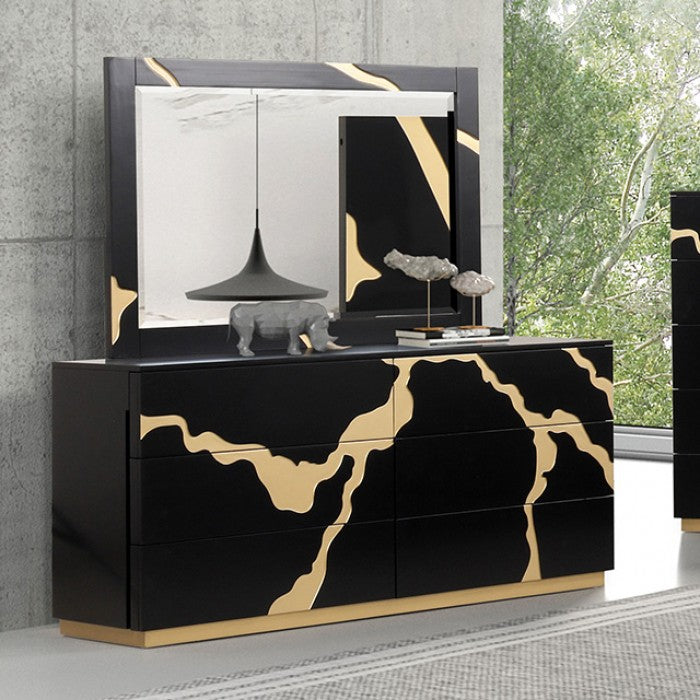 FM7425BK-WP-7PC 7 pc goldsberg black and gold vein style finish wood solid black headboard and wing panels queen bedroom set