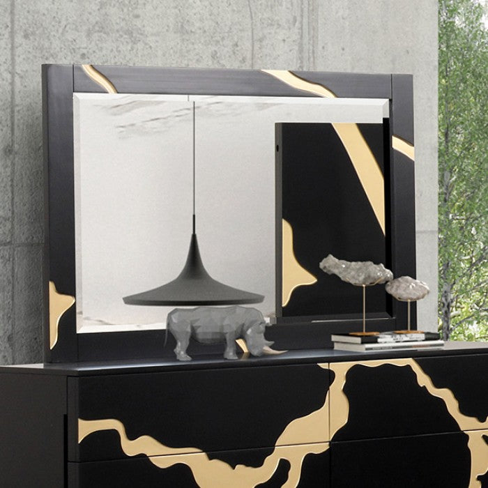 FM7425BK-WP-7PC 7 pc goldsberg black and gold vein style finish wood solid black headboard and wing panels queen bedroom set