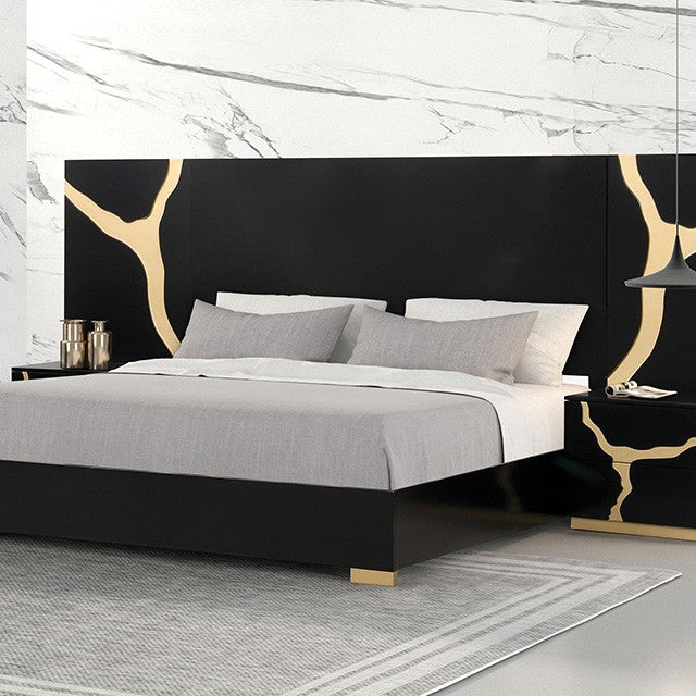 FM7425BK-WP-7PC 7 pc goldsberg black and gold vein style finish wood solid black headboard and wing panels queen bedroom set