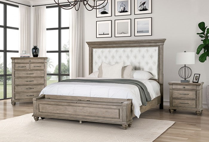 FM7430BR-4PC 4 pc Philomath aged antique oak finish wood padded fabric headboard queen bedroom set footboard storage bench